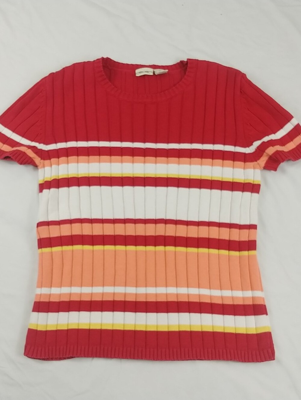 Cherokee Striped Sweater Women XL Bright Red Orange White Rib Knit Short Sleeve
